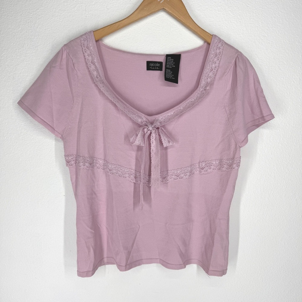 Vintage Lace Trim Knit Top Short Sleeve Bow Large Regency Coquette Soft Girl Y2K